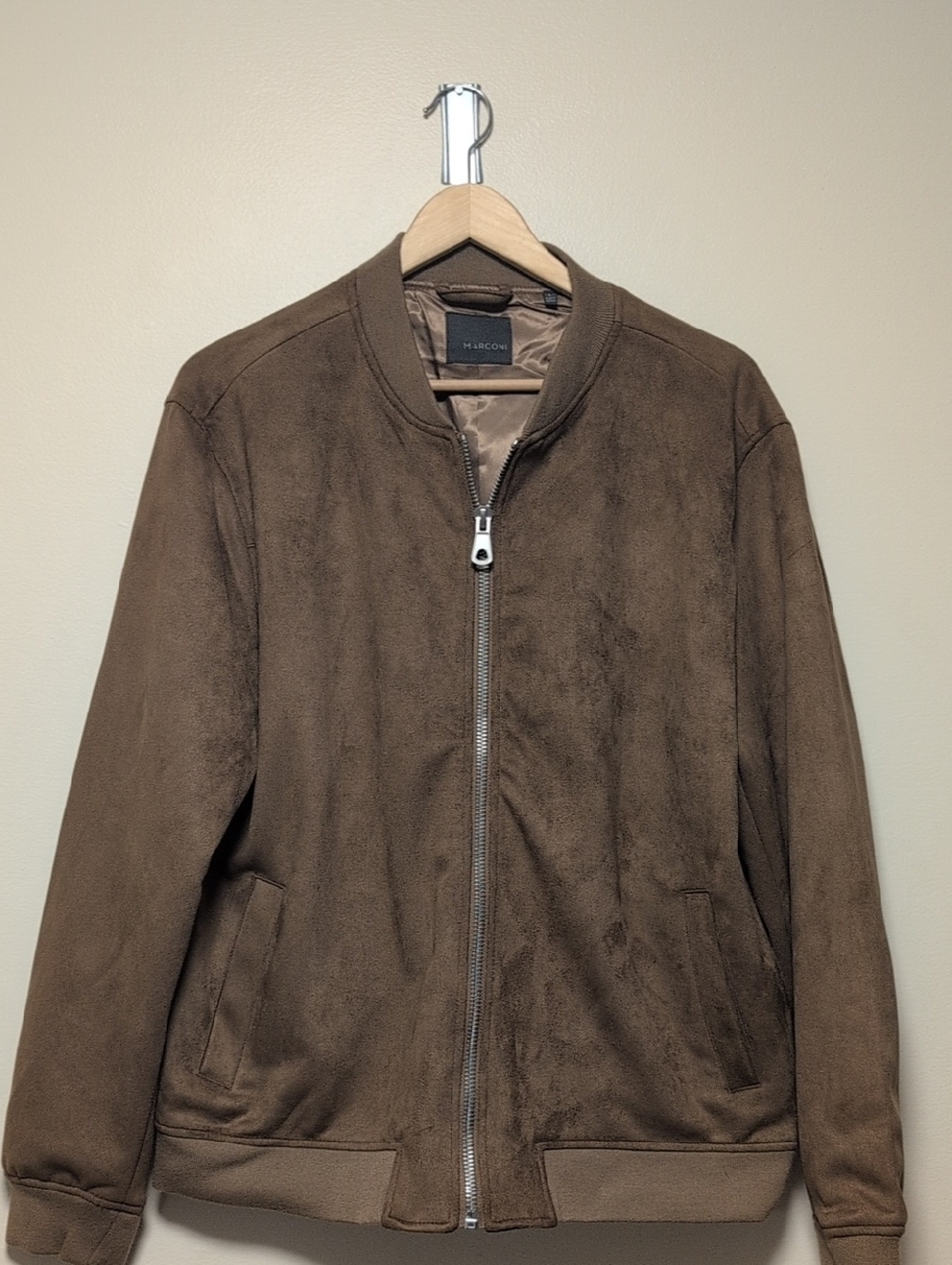 Marconi Faux Suede Bomber Jacket Brown Zip Front Size L